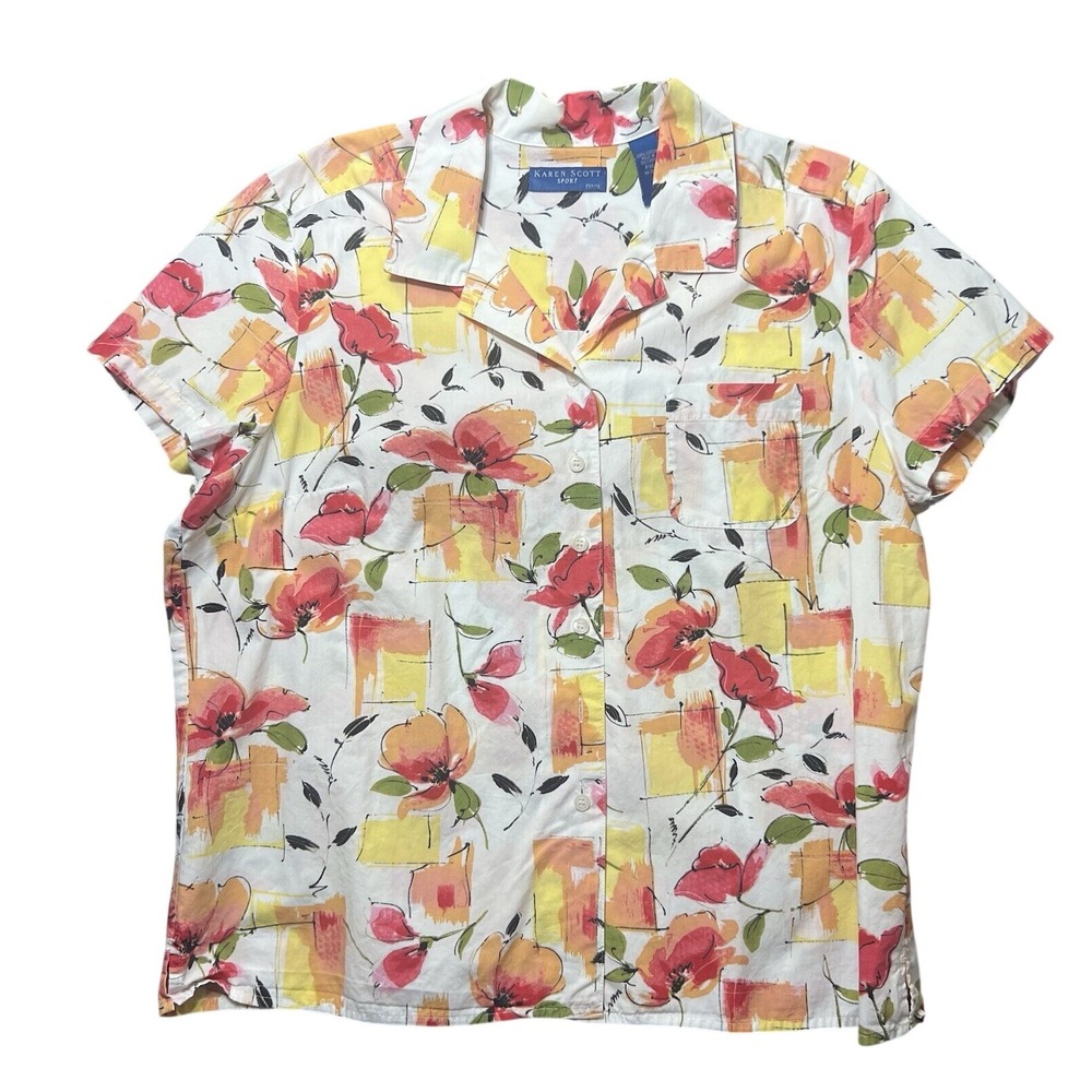 Karen Scott Sport‎ Womens PXL Petite XL Floral Abstract Cotton Button Down Shirt
